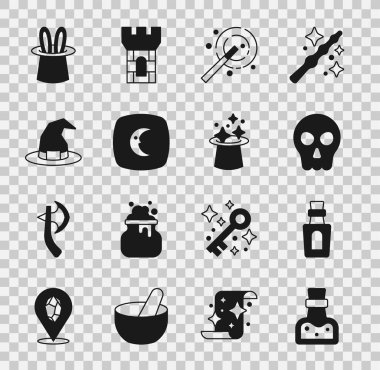 Sihirli Kafatası Sihirli Asa, Büyücü Şapka, tavşan kulakları ve ikon ikonuyla Şişe 'yi hazırla. Vektör.