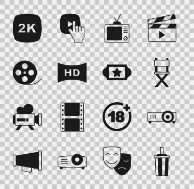 Su Filmi Film Medya Projektörü Yönetmen Yönetmen Retro TV Hd film bant çerçeve Film 2 k Ultra HD ve Sinema bileti ikonu ile Kağıt bardak ayarla. Vektör.