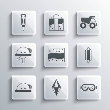 Altın Madenci miğferi, inşaat matkabı ve maden kamyonu ikonu. Vektör.