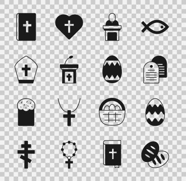 Paskalya yumurtası, kutsal İncil kitabı, vaaz veren papaz Tribün Papa şapkası ve simgesi. Vektör.