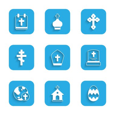 Papa şapkası, kilise binası, Paskalya yumurtası mezar taşı, Hristiyan çapraz dünyası ve takvim ikonu. Vektör