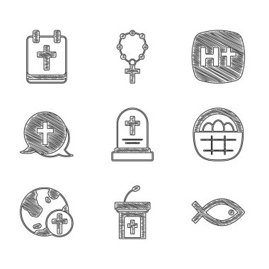 Mezar taşlı kilise vaazlarıyla, tribün Hıristiyan balık sembolü Sepet Paskalya yumurtaları ve Paskalya ikonu ile süsleyin. Vektör.