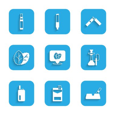 Tütün yaprağını sigara kutusuyla birlikte kül tablasını hazırla. Nargile Elektronik Kırık ve simge. Vektör.