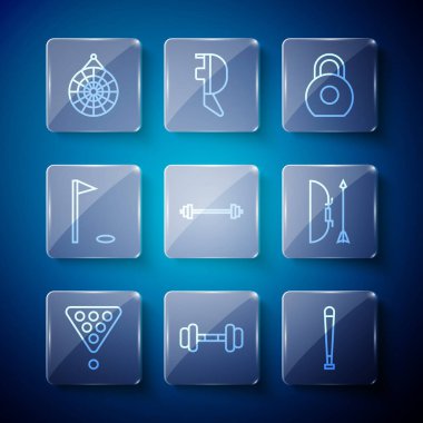 Çizgi bilardo toplarını üçgen gerzek beysbol sopası Kettlebell Barbell Golf bayrağı klasik dart tahtası ve ok ve yay titrek ikonu şeklinde ayarla. Vektör.