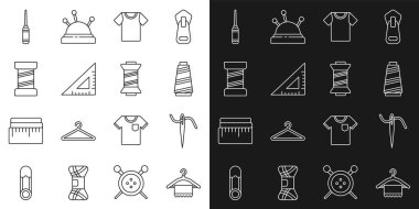 İplik dikmek için Askılık Şırıngası Şırıngası Tişört Dikiş Tişörtü Cetvel Awl aracı ve simgesi ayarlayın. Vektör.