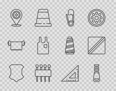 Dikiş atölyesi kolsuz tişört cetveli ve dikiş deseni ikonu dikmek için Deri Fermuar Güvenlik iğnesini yerleştir. Vektör.