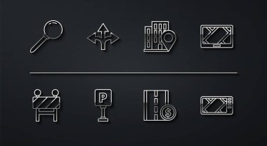 Push pin yolu bariyeri GPS cihazını harita geçiş yolu trafik işareti park ve konum ikonu ile ayarla. Vektör.