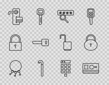 Bir sürü anahtar kartı parola koruması Crowbar Dijital kapı kilidi ve kilit simgesi ayarla. Vektör.