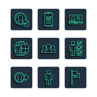 Satır Oluştur Adam Konumu İşaretleyici dizüstü bilgisayarı Kullanıcı Grubu Kafa Avcılığı ve iş kıyafeti simgesi ile kullanıcı hesabı oluşturun. Vektör.