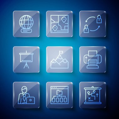 İş adamı Browser, Chalkboard Worldwide ve Printer simgelerine sahip İnsan Kaynakları Dağları strateji kavramını sıraladı. Vektör.