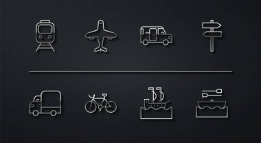 Tren ve demiryolu kargo kamyonu trafik levhası yelkenli bisiklet teknesi ve Minibus ikonu. Vektör.