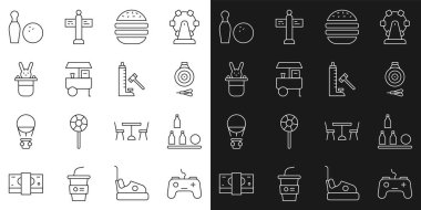 Gamepad Şişe Topları klasik dart tahtası ve ok Burger Fast yemek arabası sihirbaz şapkalı tavşan bovling rozeti ve çekiç ikonlu Striker cazibesi. Vektör.