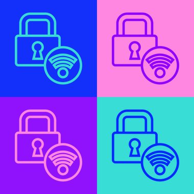 Pop Art Line Dijital kapı kilidi kablosuz kablo teknolojisiyle renk arkaplanda izole edilmiş ikonu açmak için. Kapı kolu tabelası. Güvenlik akıllı ev. Vektör.