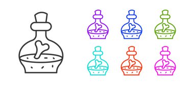 Beyaz zemin üzerinde iksir ikonu olan siyah çizgi şişesi. Sihirli iksirli matara. Mutlu Cadılar Bayramı Partisi. Simgeleri renklendirin. Vektör.