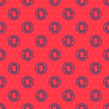 Blue line Recycle symbol icon isolated seamless pattern on red background. Circular arrow icon. Environment recyclable go green. Vector.
