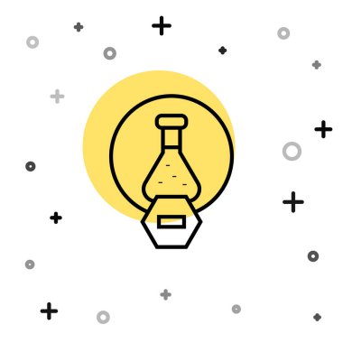 Siyah çizgi test tüpü ve beyaz arka planda izole edilmiş kimyasal test ikonu. Laboratuvar cam levhası. Rastgele dinamik şekiller. Vektör.