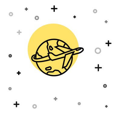 Uçan uçak ikonuna sahip siyah çizgi Globe beyaz arka planda izole edildi. Uçak Dünya 'nın etrafında uçuyor. Uçak dünyası ikonu. Rastgele dinamik şekiller. Vektör.