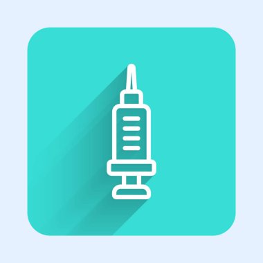 Uyuşturucu ikonuna beyaz çizgi bağımlılığı uzun gölgeli bir arkaplan. Eroin, uyuşturucu, bağımlılık, yasadışı. Elinde şırınga ve ilaç olan hasta bir keş. Yeşil kare düğmesi. Vektör.