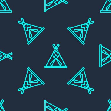 Yeşil çizgi geleneksel kızılderili çadırı ya da wigwam ikonu mavi arka planda izole edilmiş pürüzsüz desen. Kızılderili çadırı. Vektör.