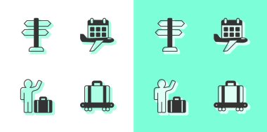 Taşıyıcı bandı bavula, trafik işaretine, Turist ve Takvim 'e ve uçak simgesine ayarla. Vektör.