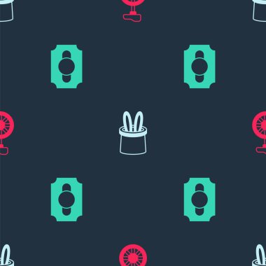 Tek tekerlekli bisiklet, tek tekerlekli bisiklet, sihirbaz şapkası, tavşan kulağı ve sirk biletini kusursuz desenlere ayarlayın. Vektör.