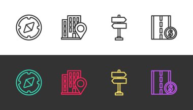 Pusula, evle yer, trafik işareti ve siyah beyaz paralı paralı yol ayarlayın. Vektör.