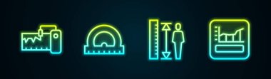 Çizgi ölçme aletini, açıölçeri, boy gövdesini ve grafiğini ayarla, çizelgeyi, şemayı. Parlayan neon ikonu. Vektör.