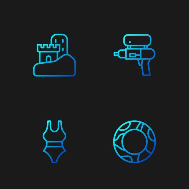 Lastik yüzme, mayo, kumdan kale ve su tabancası. Renk simgeleri. Vektör.