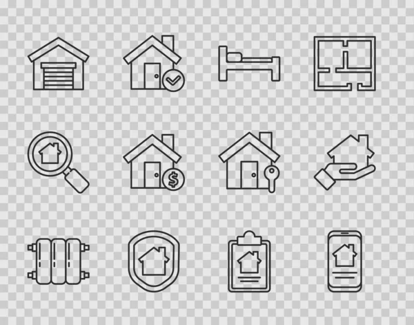 ライン加熱ラジエーターを設定ドル記号の契約と不動産のアイコンと保護ガレージの下にオンライン不動産の家のベッドハウス ベクトル — ストックベクタ