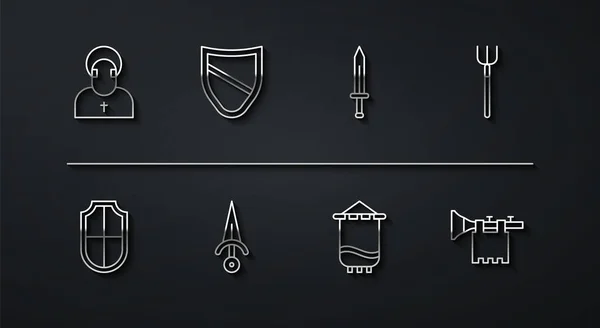 Definir Linha Monk Shield Garden Pitchfork Medieval Bandeira Dagger Trompete —  Vetores de Stock