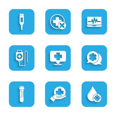 Set Map pointer with cross hospital, Cross medical, Blood test and virus, Dialogue the doctor, Test tube blood, IV bag, Laptop cardiogram and Medical digital thermometer icon. Vector