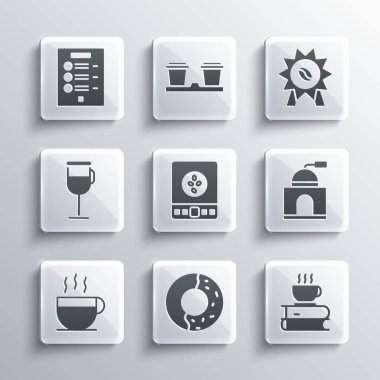 Set Donut with sweet glaze, Coffee cup and book, Manual coffee grinder, Electronic scales, Irish, menu and Medal for icon. Vector