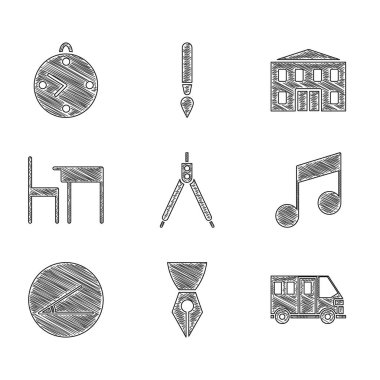 Set Drawing compass, Fountain pen nib, School Bus, Music note, tone, Acute angle, table and chair, building and Clock icon. Vector