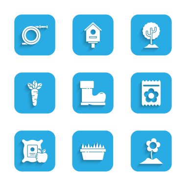 Set Waterproof rubber boot, Fresh grass in rectangular, Flower, Pack full seeds plant, Apple the sack, Carrot, Tree and Garden hose or fire hose icon. Vector