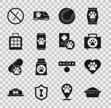 Set Pet food bowl, Heart with animals footprint, first aid kit, Tennis ball, Veterinary clinic, carry case, Anti worms parasite and Clinical record pet icon. Vector