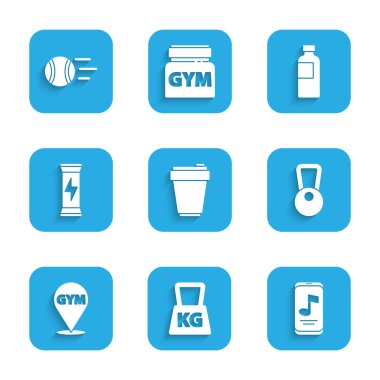 Set Fitness shaker, Weight, Music player, Kettlebell, Location gym, Sports nutrition,  and Tennis ball icon. Vector