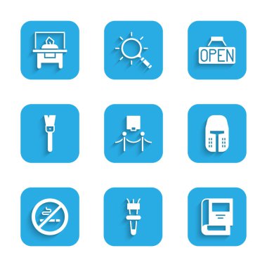 Set Picture and rope barrier, Torch flame, History book, Medieval iron helmet, No Smoking, Paint brush, Hanging sign with Open and Glass showcase for exhibit icon. Vector