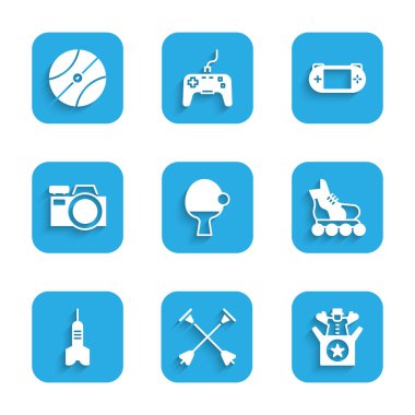 Set Racket and ball, Arrow with sucker tip, Jack in the box toy, Roller skate, Dart arrow, Photo camera, Portable video game console and Basketball icon. Vector
