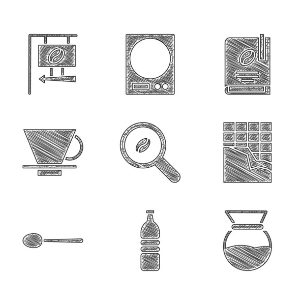 Set Selection coffee beans, Bottle water, Pour over maker, Chocolate bar, Spoon, V60, Coffee book and Street signboard icon. Vector