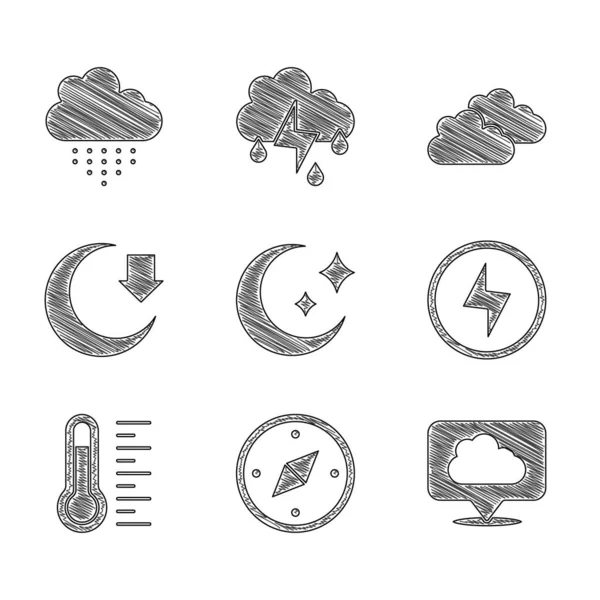 Set Moon Stars Compass Location Cloud Lightning Bolt Meteorology Thermometer — Stock Vector