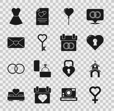 Set Female gender symbol, Church building, Heart with keyhole, Balloons form of heart, Key shape, Envelope Valentine, Woman dress and Calendar icon. Vector