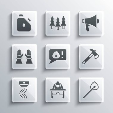 Set Firefighter helmet, Burning match with fire, axe, Telephone call 911, Smoke alarm system, gloves, Canister fuel and Megaphone icon. Vector