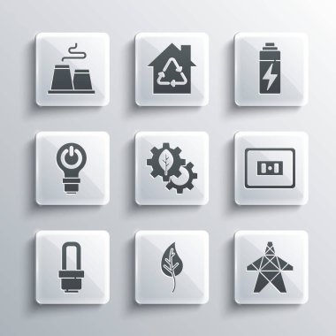 Set Leaf or leaves, Electric tower, Electrical outlet, plant in gear machine, LED light bulb, Light with lightning, Factory and Battery icon. Vector