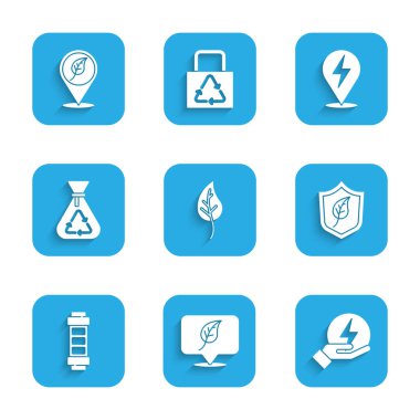 Set Leaf or leaves, Location with leaf, Lightning bolt, Shield, Battery, Garbage bag recycle,  and  icon. Vector