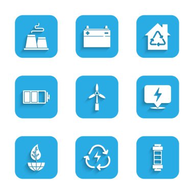 Set Wind turbine, Battery with recycle, Lightning bolt, Earth globe and leaf, Eco House recycling and Factory icon. Vector