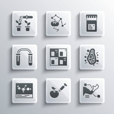 Set Genetically modified apple, Prosthesis hand, Bacteria, Periodic table, Chemical formula, Test tube flask, Pipette plant and Jar with additives icon. Vector