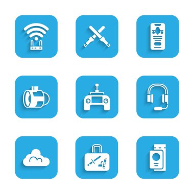 Set Drone remote control, Suitcase, Passport with ticket, Headphones microphone, Cloud weather, Jet engine turbine, Mobile and Router and wi-fi signal icon. Vector