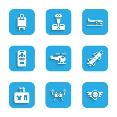 Set Helicopter, Drone flying, Aviation emblem, Rocket, Suitcase, Mobile with ticket, Plane and  icon. Vector