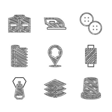 Deri, katmanlar, tekstil, dikiş için yüksük, dikiş ipliği, iplik, fermuar, kumaş rulo, düğme ve tişört simgesi. Vektör