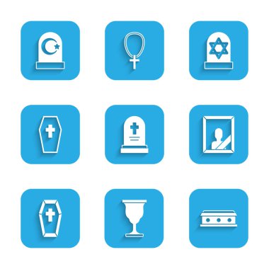 Set Grave with tombstone, Christian chalice, Coffin cross, Mourning photo frame, star david and Muslim cemetery icon. Vector